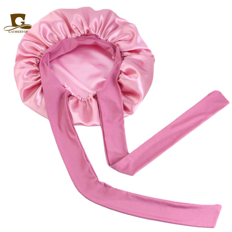 Double-layer Colored Ribbon Nightcap Beauty Hair Care Cap Knotted Turf Cap JDB-301L-1