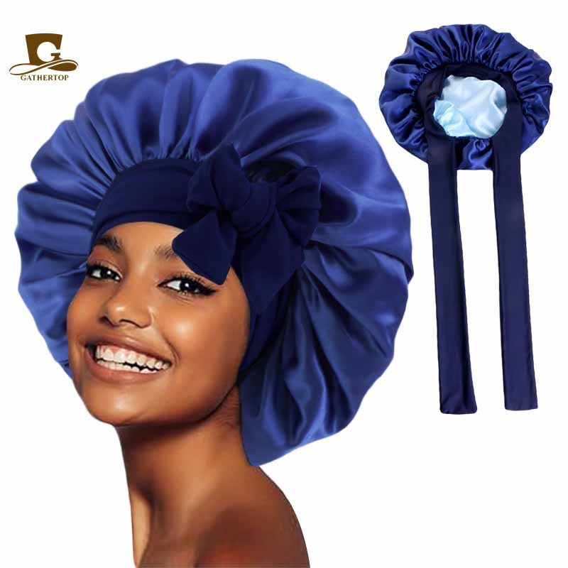 Double-layer Colored Ribbon Nightcap Beauty Hair Care Cap Knotted Turf Cap JDB-301L-1
