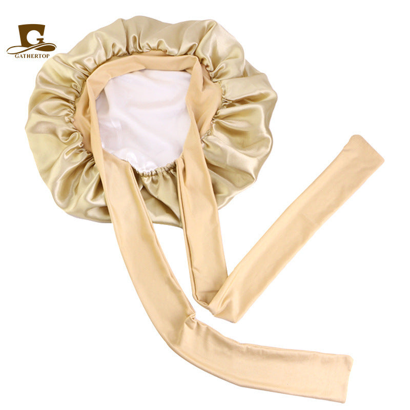 Double-layer Colored Ribbon Nightcap Beauty Hair Care Cap Knotted Turf Cap JDB-301L-1
